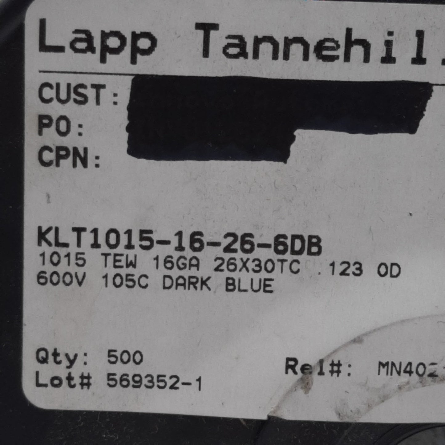 Used Lapp Tannehill KLT1015-16-26-6DB Hook-Up/Lead Wire, Blue, 16AWG, 600V, 450ft