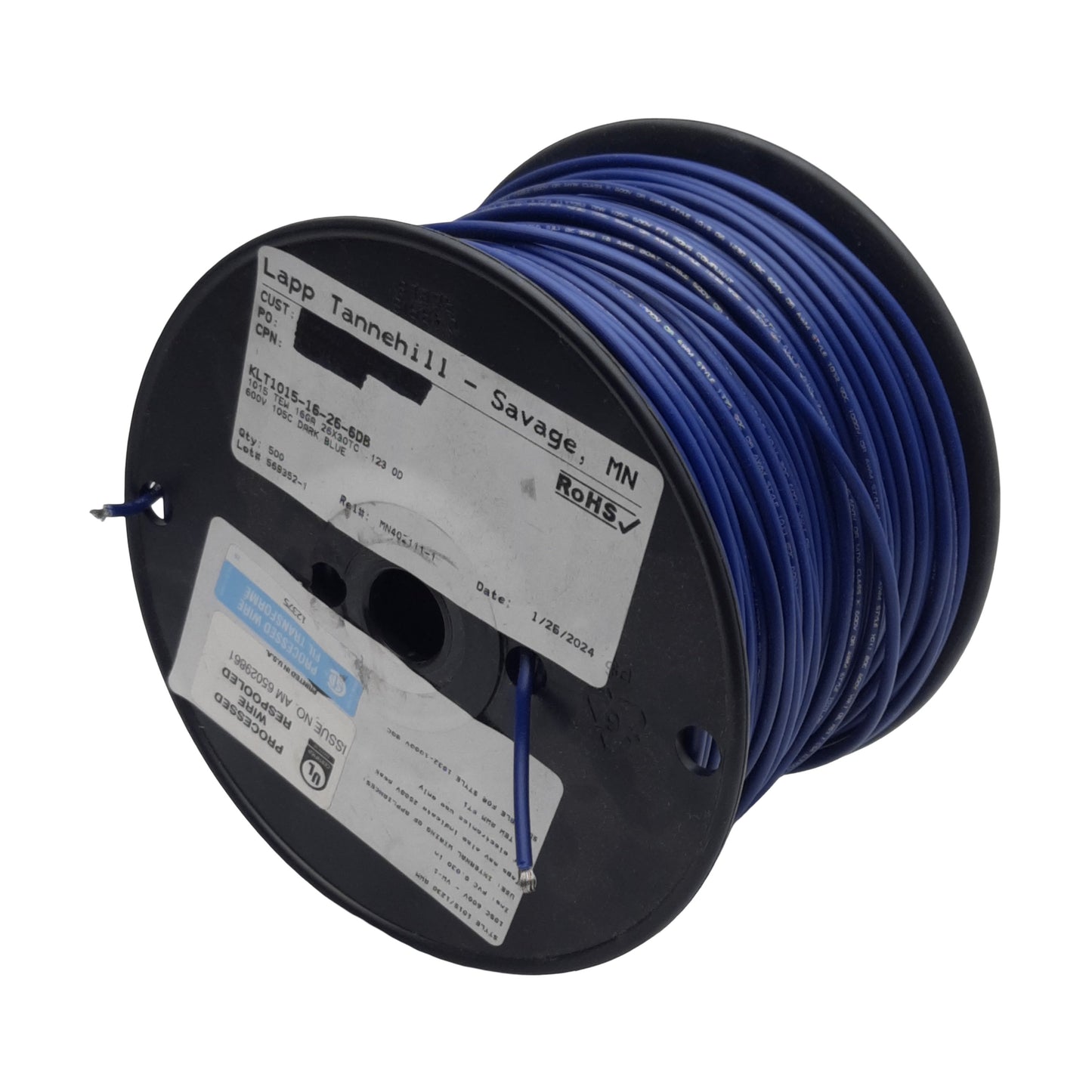 Used Lapp Tannehill KLT1015-16-26-6DB Hook-Up/Lead Wire, Blue, 16AWG, 600V, 450ft