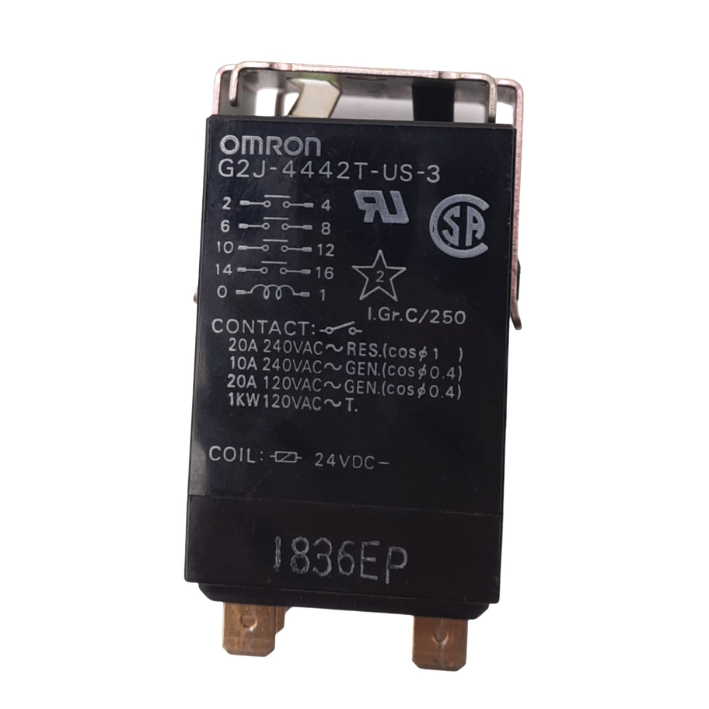 Used Omron G2J-4442T-US-3 General Purpose Relay, 4PST, 10-Pin, 120VAC 20A, 24VDC Coil