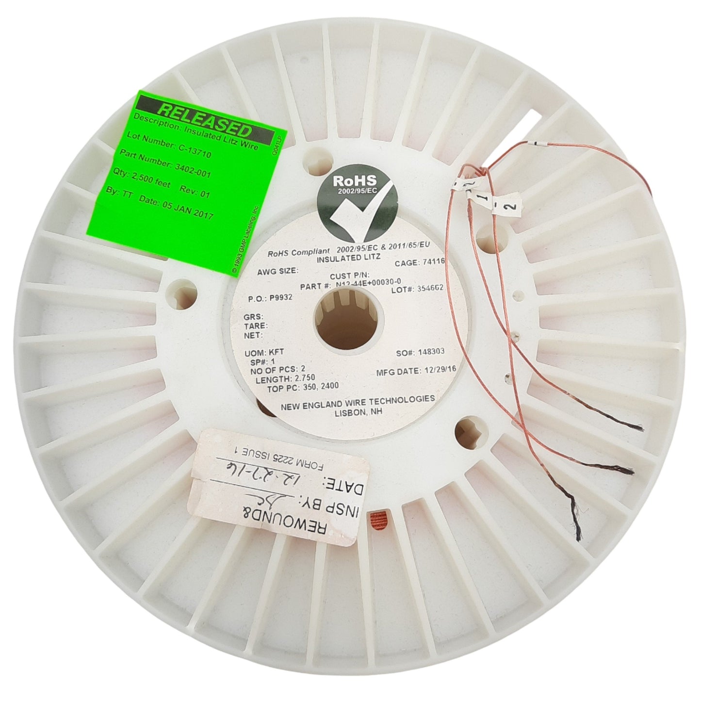 Used New England Wire N12-44E+00030-0 Insulated Litz Wire 350ft & 2400ft, 2 Strands