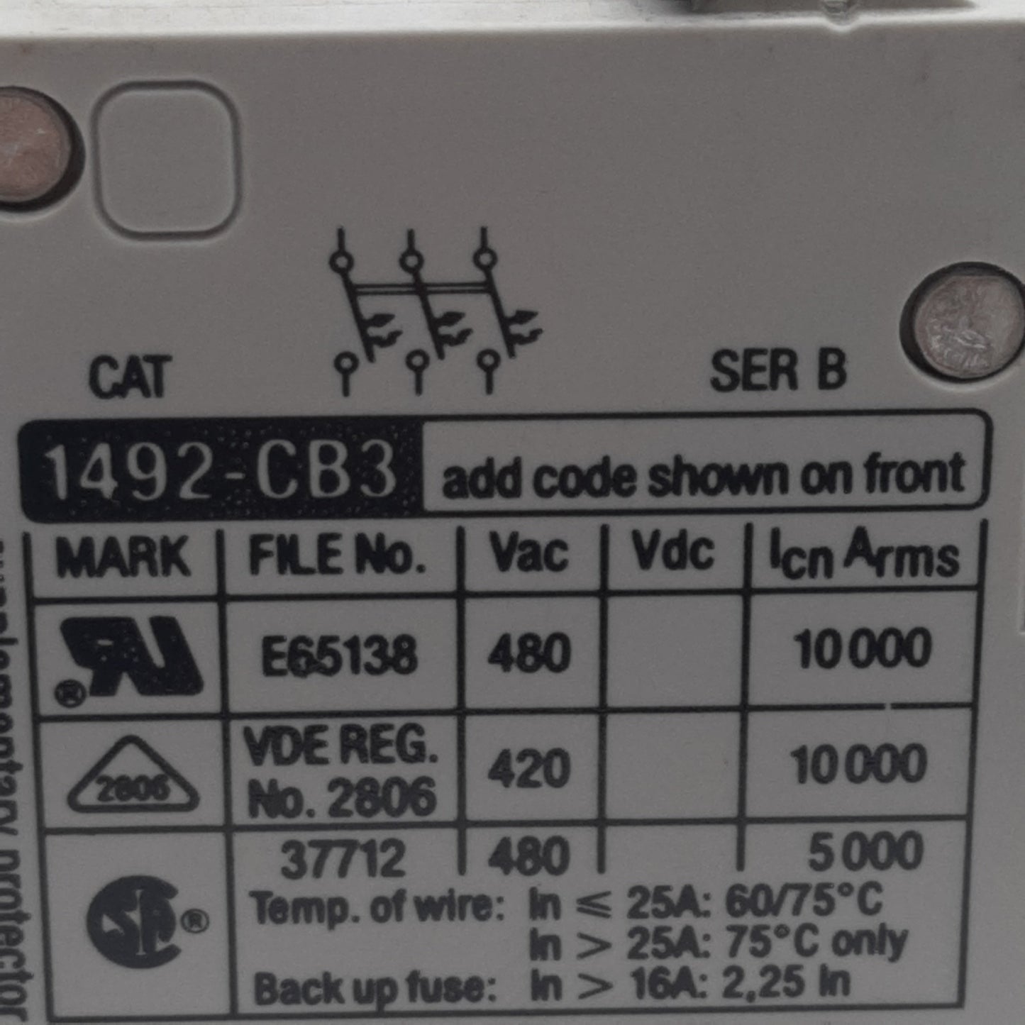Used Allen Bradley 1492-CB3G020 Circuit Breaker, 3-Pole, 2A 480VAC, DIN Rail