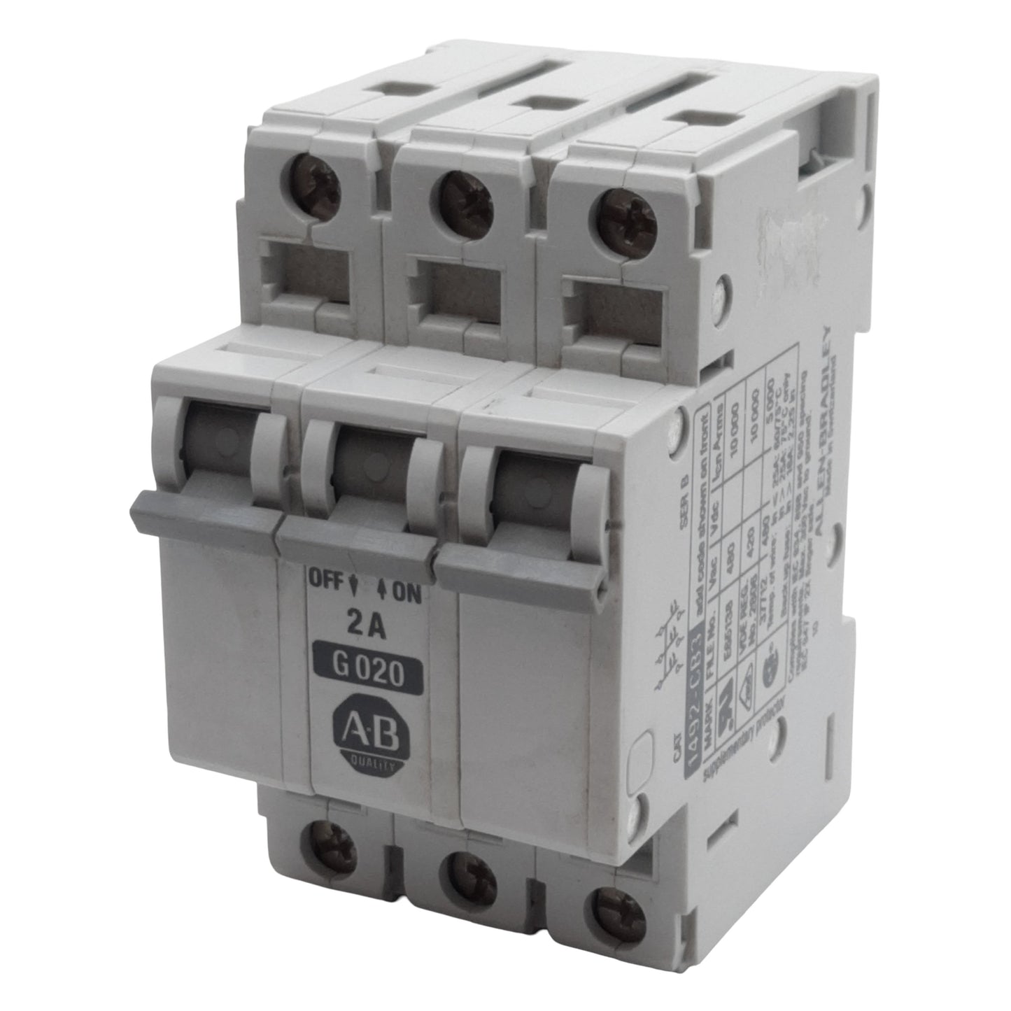 Used Allen Bradley 1492-CB3G020 Circuit Breaker, 3-Pole, 2A 480VAC, DIN Rail