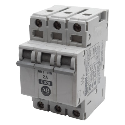 Used Allen Bradley 1492-CB3G020 Circuit Breaker, 3-Pole, 2A 480VAC, DIN Rail