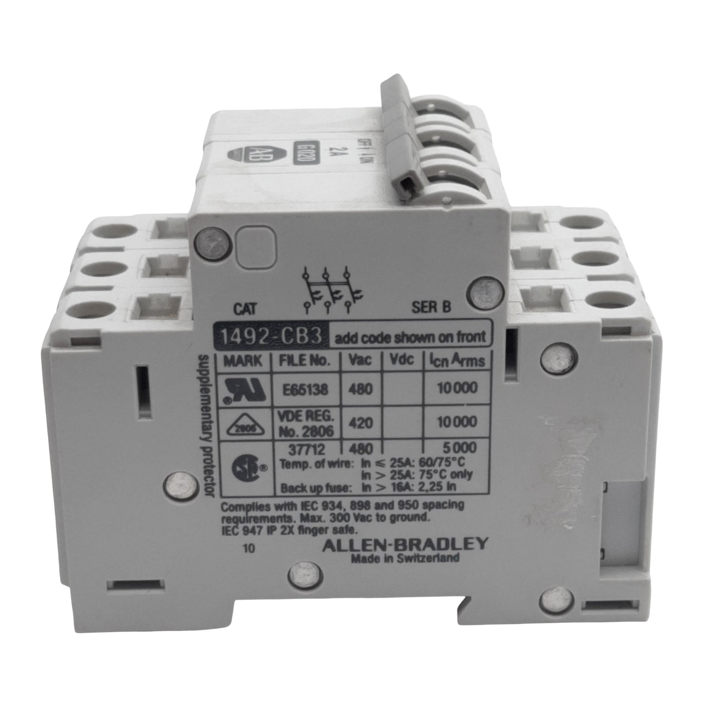 Used Allen Bradley 1492-CB3G020 Circuit Breaker, 3-Pole, 2A 480VAC, DIN Rail