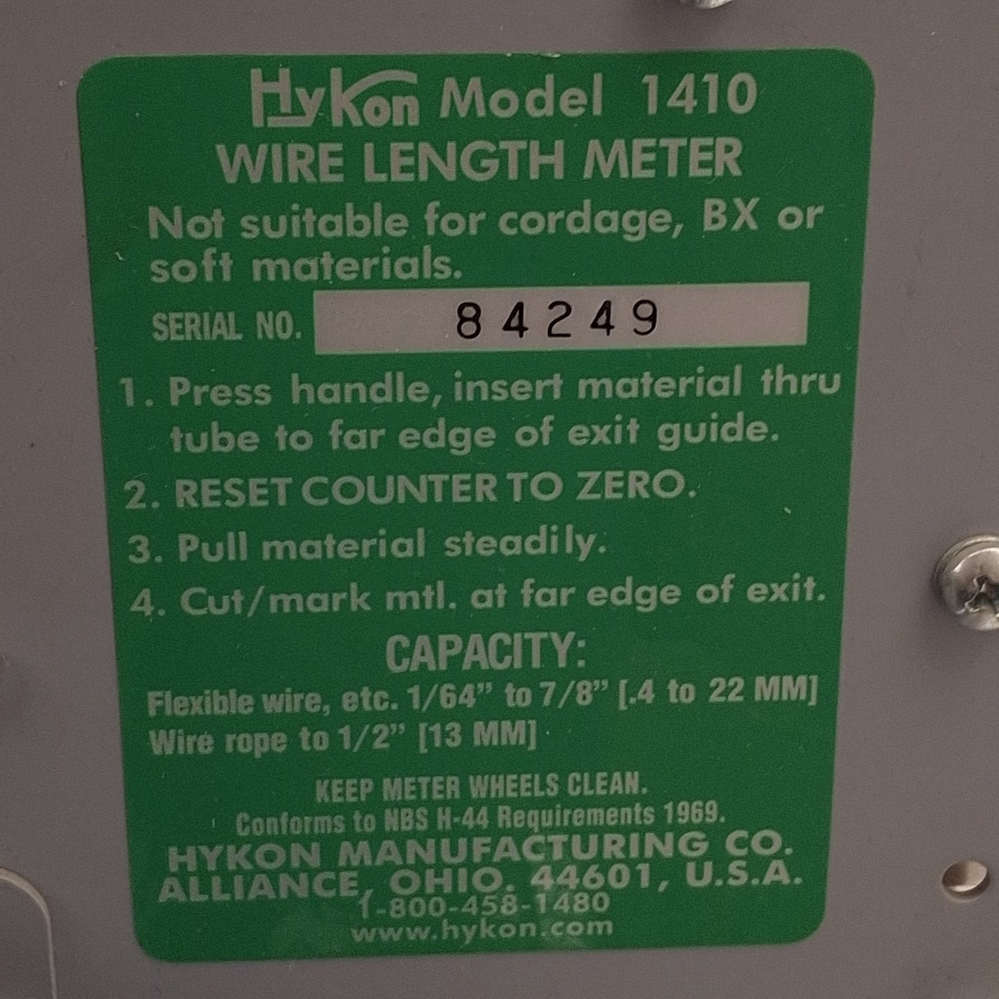 Used Hykon Olympic 1410 Wire Length Meter, Feet, ø1/64in to ø7/8in Flexible Wire