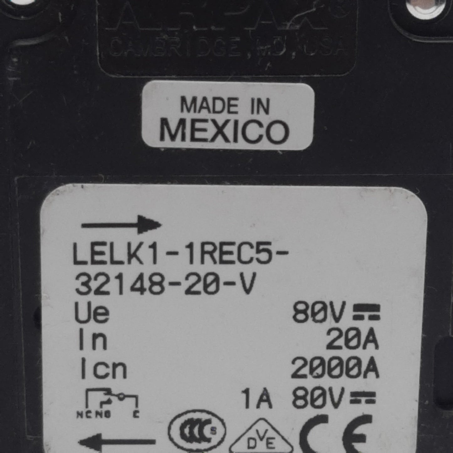Used Airpax LELK1-1REC5-32148-20-V Circuit Breaker, 1-Pole, 20A, 80VDC Max