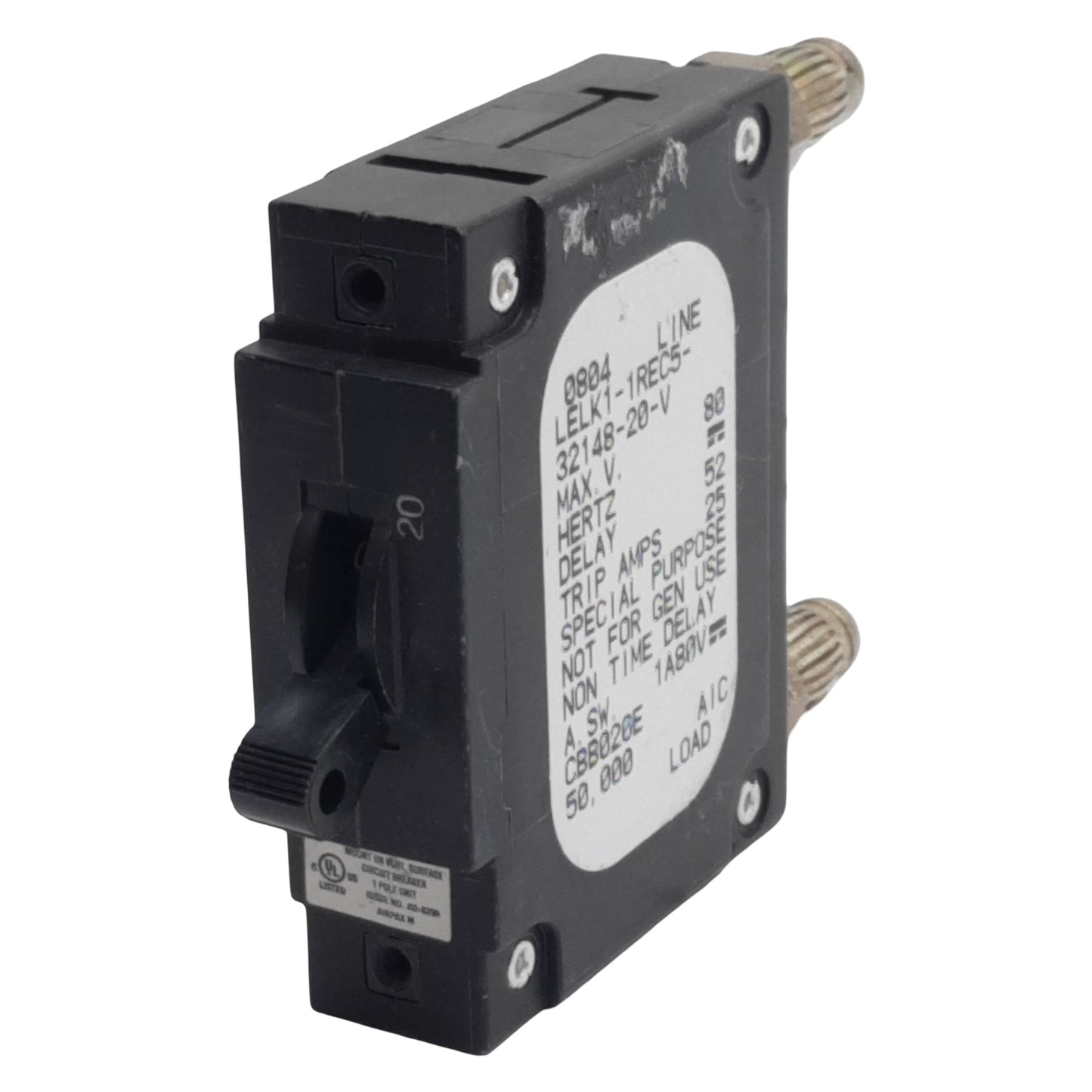 Used Airpax LELK1-1REC5-32148-20-V Circuit Breaker, 1-Pole, 20A, 80VDC Max