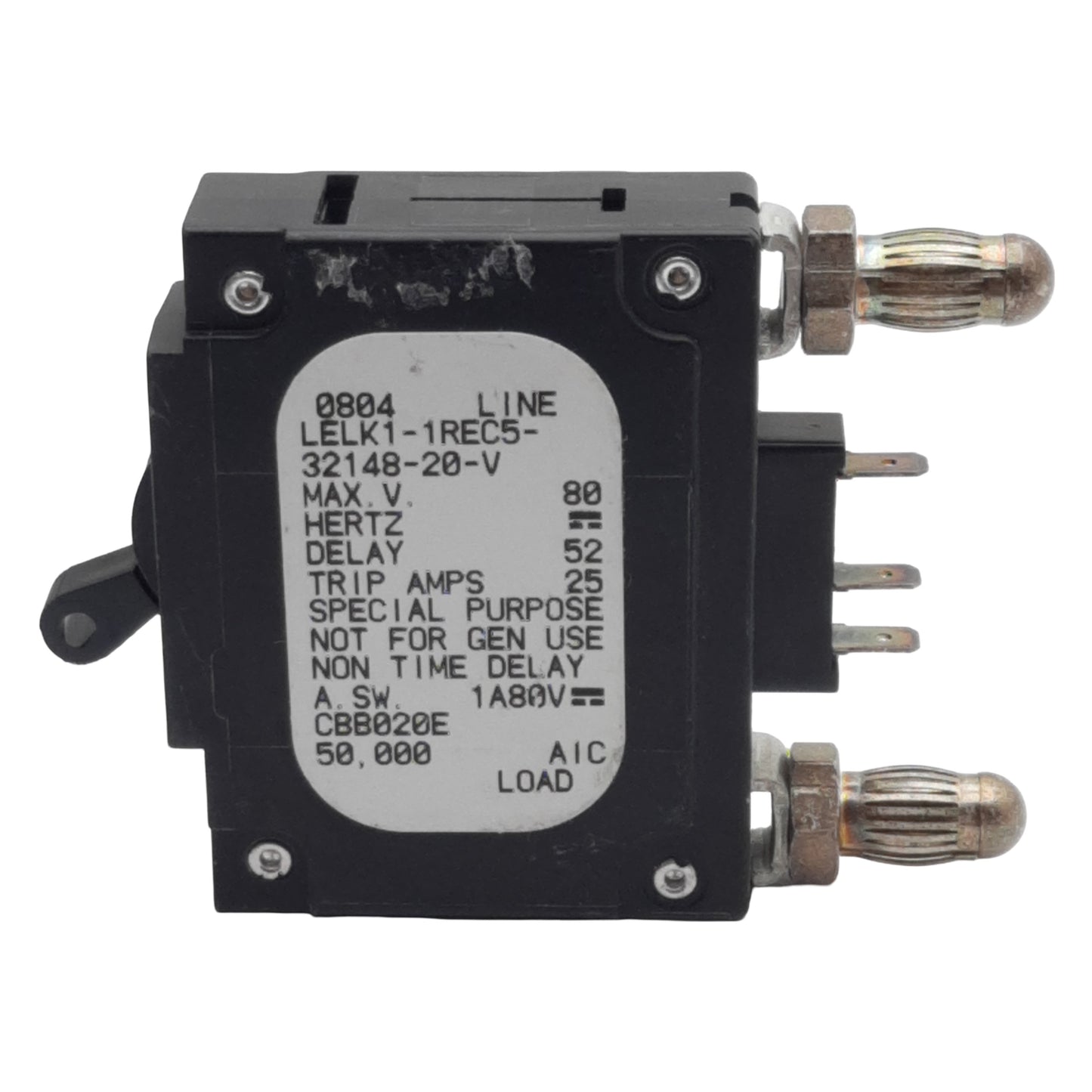 Used Airpax LELK1-1REC5-32148-20-V Circuit Breaker, 1-Pole, 20A, 80VDC Max