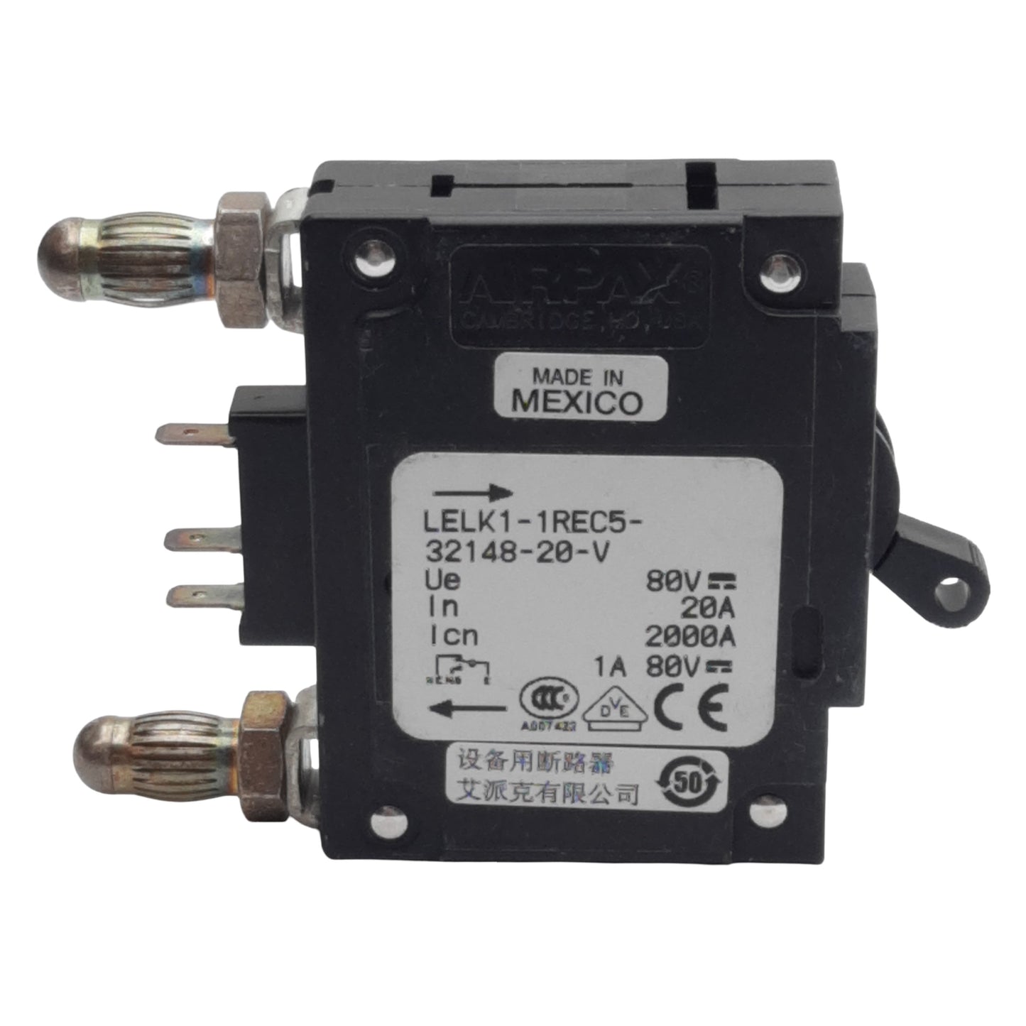 Used Airpax LELK1-1REC5-32148-20-V Circuit Breaker, 1-Pole, 20A, 80VDC Max