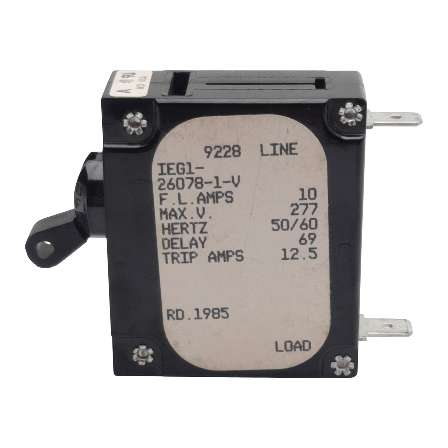 Used Airpax IEG1-26078-1-V Circuit Breaker, 1-Pole, 10A, 277VAC Max, Panel Mount