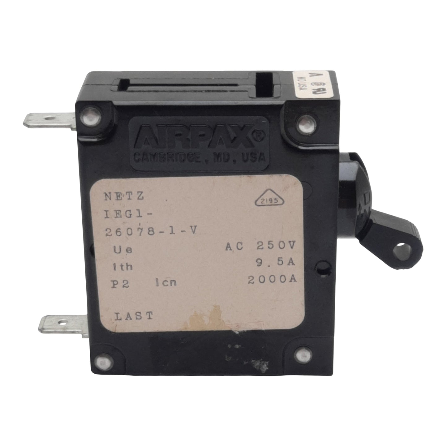 Used Airpax IEG1-26078-1-V Circuit Breaker, 1-Pole, 10A, 277VAC Max, Panel Mount