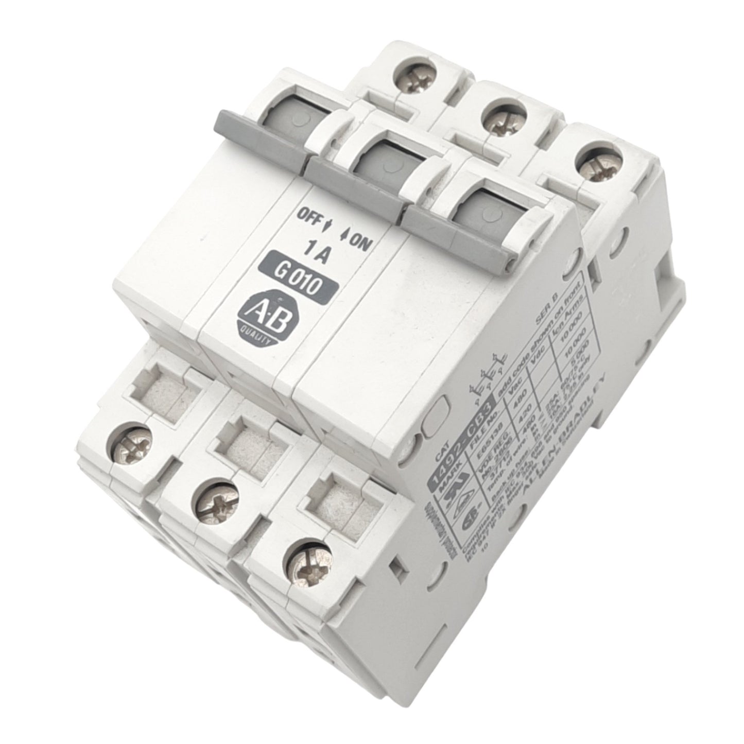 Used Allen Bradley 1492-CB3-G010 Circuit Breaker, 3-Pole, 1A, 480VAC Max, DIN Rail