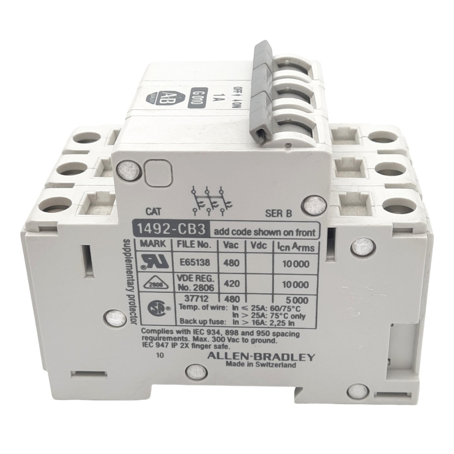 Used Allen Bradley 1492-CB3-G010 Circuit Breaker, 3-Pole, 1A, 480VAC Max, DIN Rail