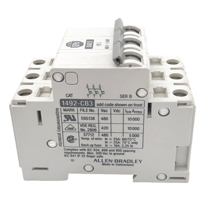 Used Allen Bradley 1492-CB3-G010 Circuit Breaker, 3-Pole, 1A, 480VAC Max, DIN Rail