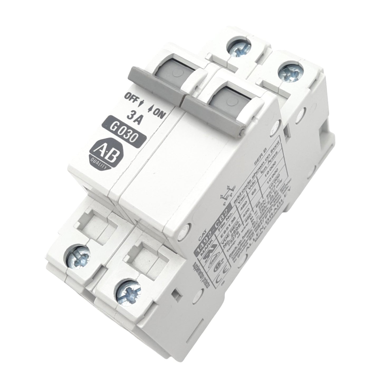 Used Allen Bradley 1492-CB2-G030 Circuit Breaker, 2-Pole, 3A, 480VAC Max, DIN Rail