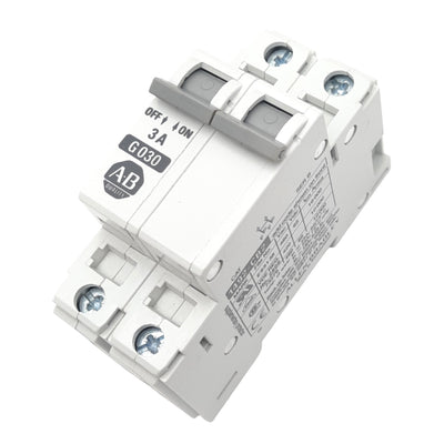 Used Allen Bradley 1492-CB2-G030 Circuit Breaker, 2-Pole, 3A, 480VAC Max, DIN Rail