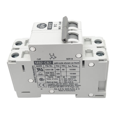 Used Allen Bradley 1492-CB2-G030 Circuit Breaker, 2-Pole, 3A, 480VAC Max, DIN Rail