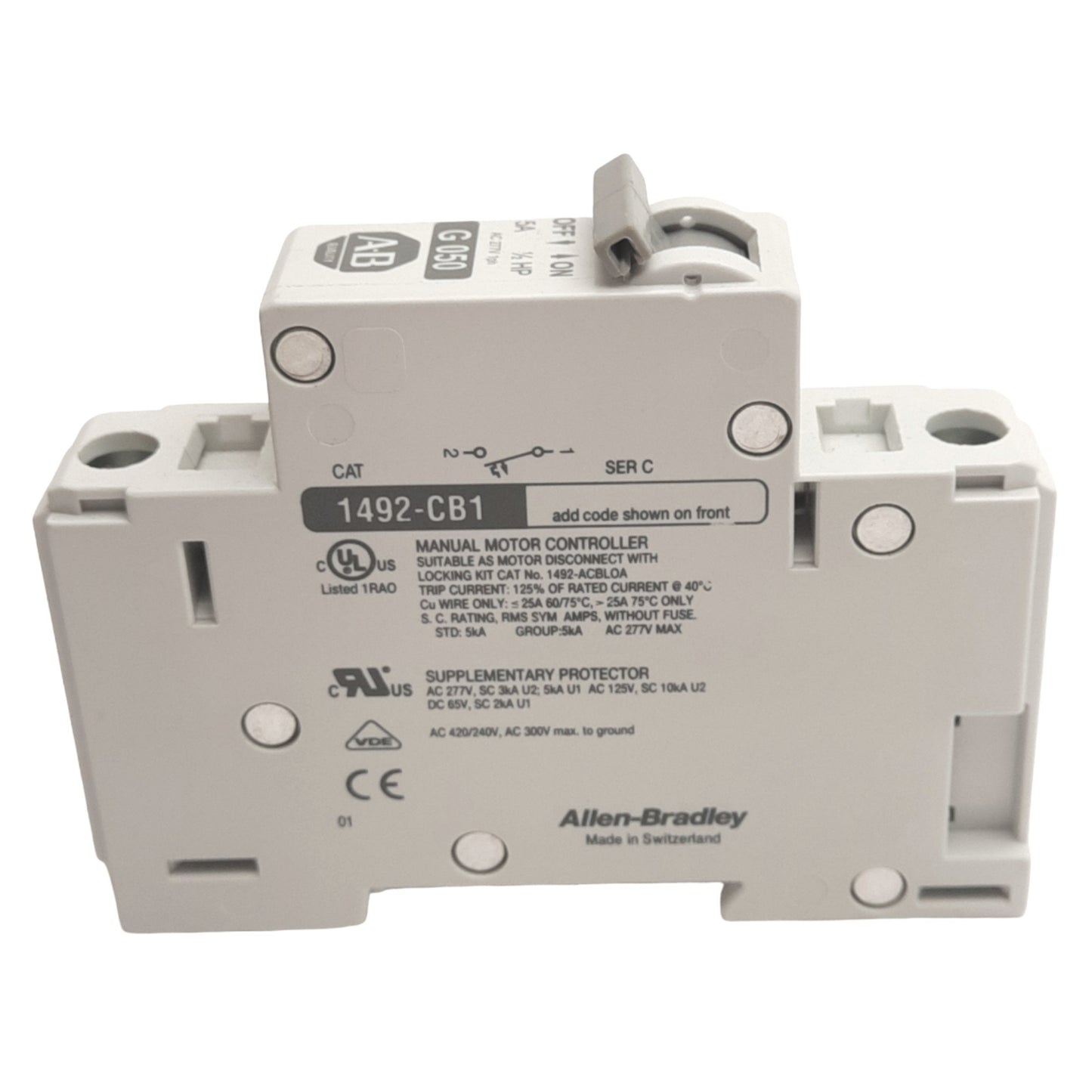 Used Allen Bradley 1492-CB1G050 Circuit Breaker, 1-Pole, 5A, 0.5hp 277VAC, DIN Rail