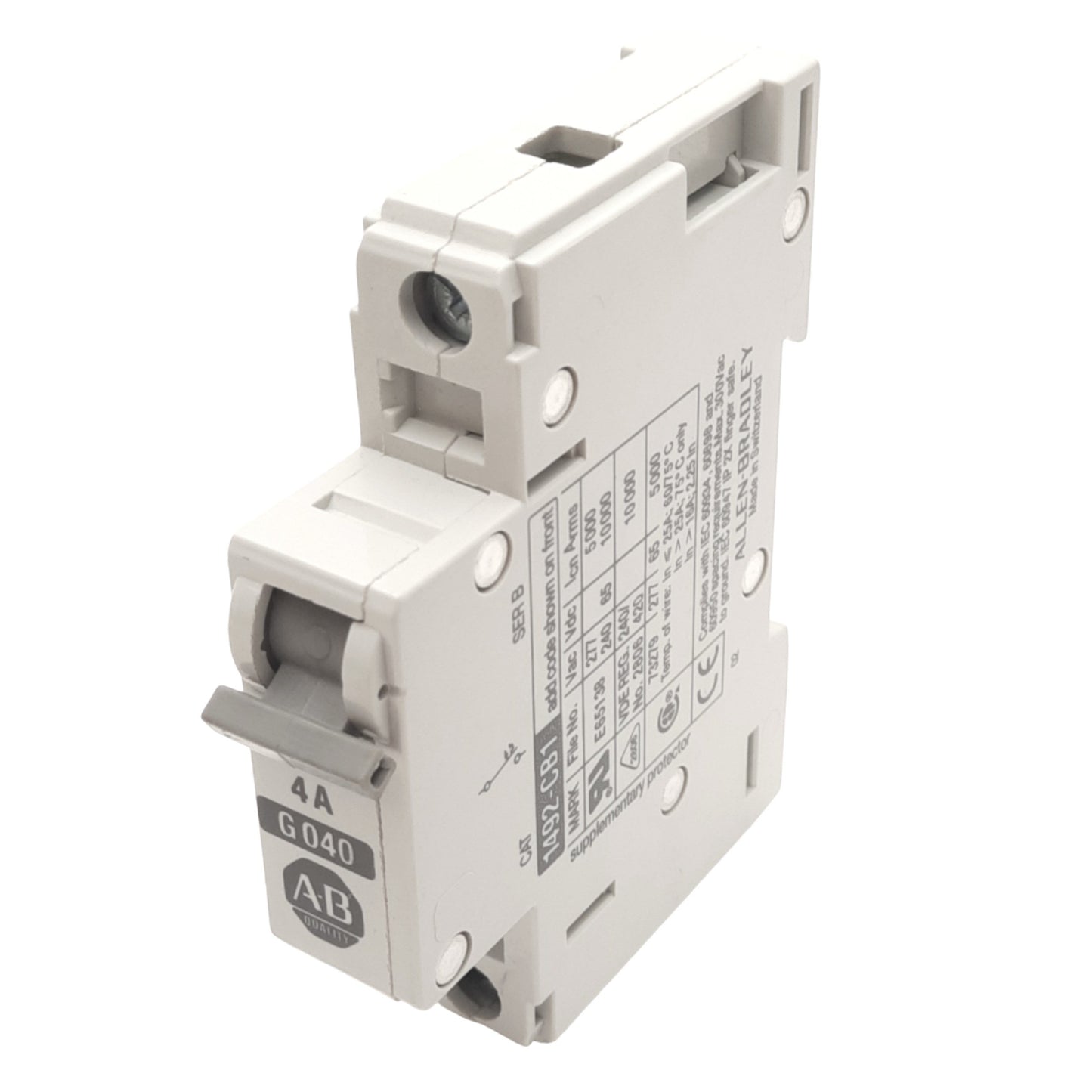 Used Allen Bradley 1492-CB1G040 Circuit Breaker, 1-Pole, 4A, 277VAC Max, DIN Rail