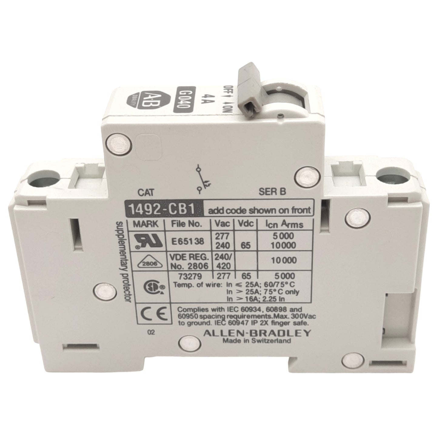 Used Allen Bradley 1492-CB1G040 Circuit Breaker, 1-Pole, 4A, 277VAC Max, DIN Rail