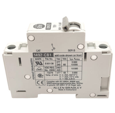 Used Allen Bradley 1492-CB1G040 Circuit Breaker, 1-Pole, 4A, 277VAC Max, DIN Rail