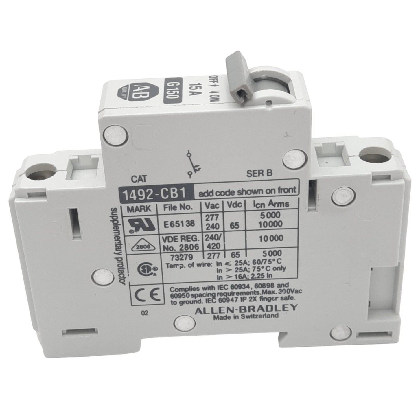 Used Allen Bradley 1492-CB1G150 Circuit Breaker, 1-Pole, 15A, 277VAC Max, DIN Rail