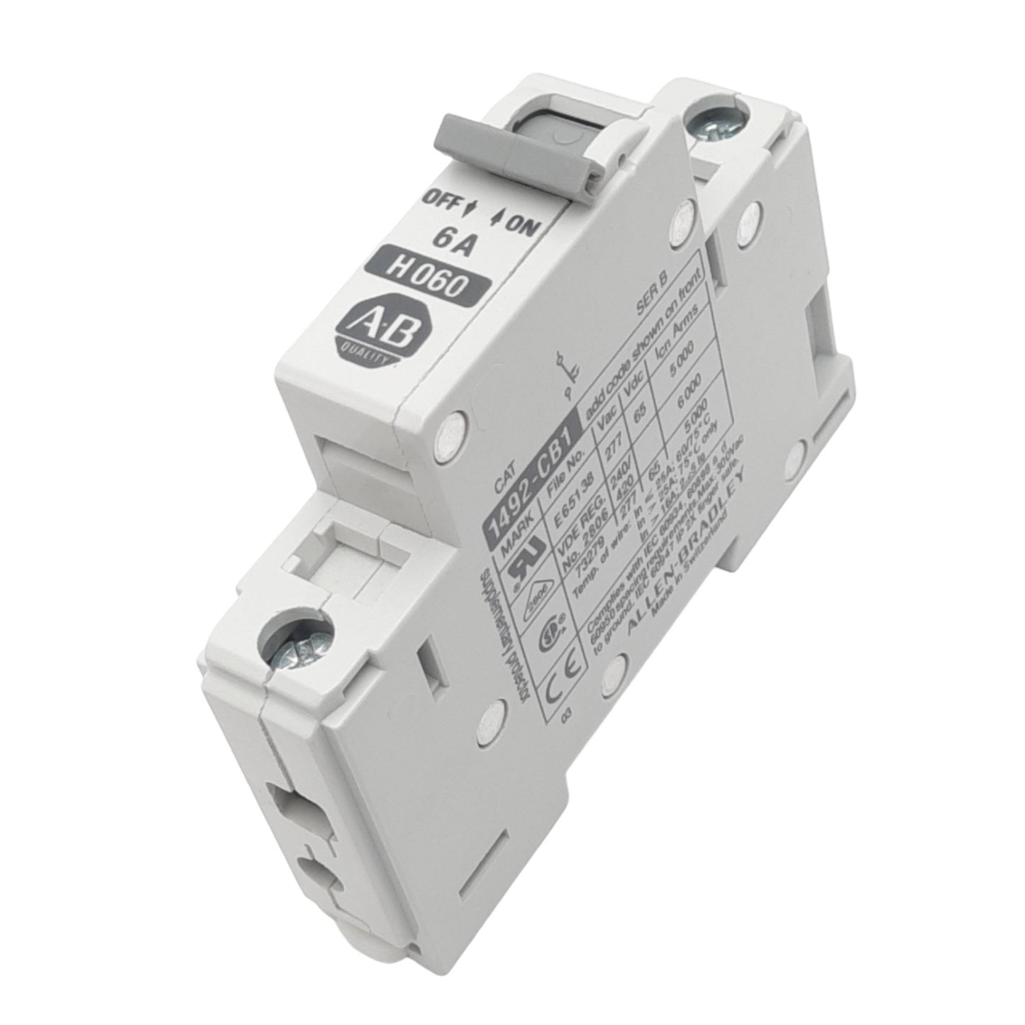 Used Allen Bradley 1492-CB1H060 Circuit Breaker, 1-Pole, 6A, 277VAC Max, DIN Rail