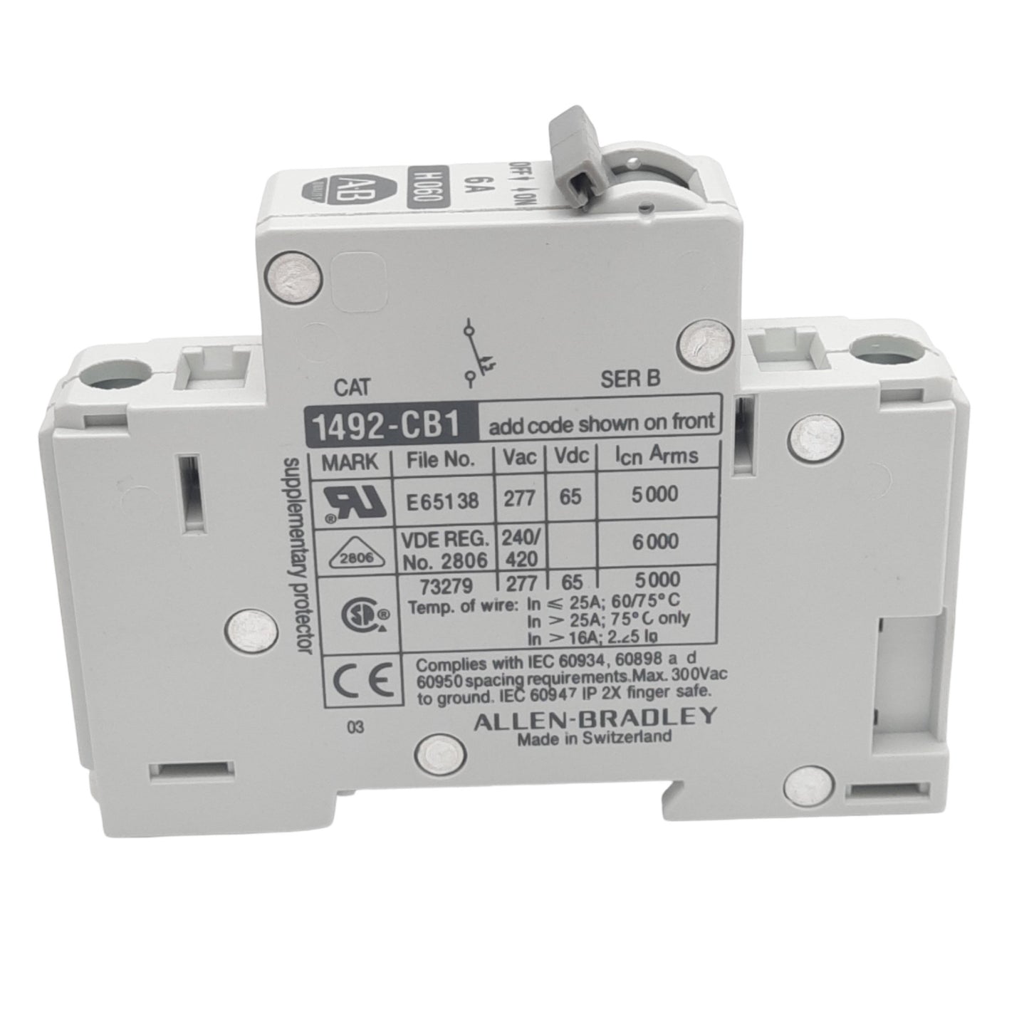 Used Allen Bradley 1492-CB1H060 Circuit Breaker, 1-Pole, 6A, 277VAC Max, DIN Rail