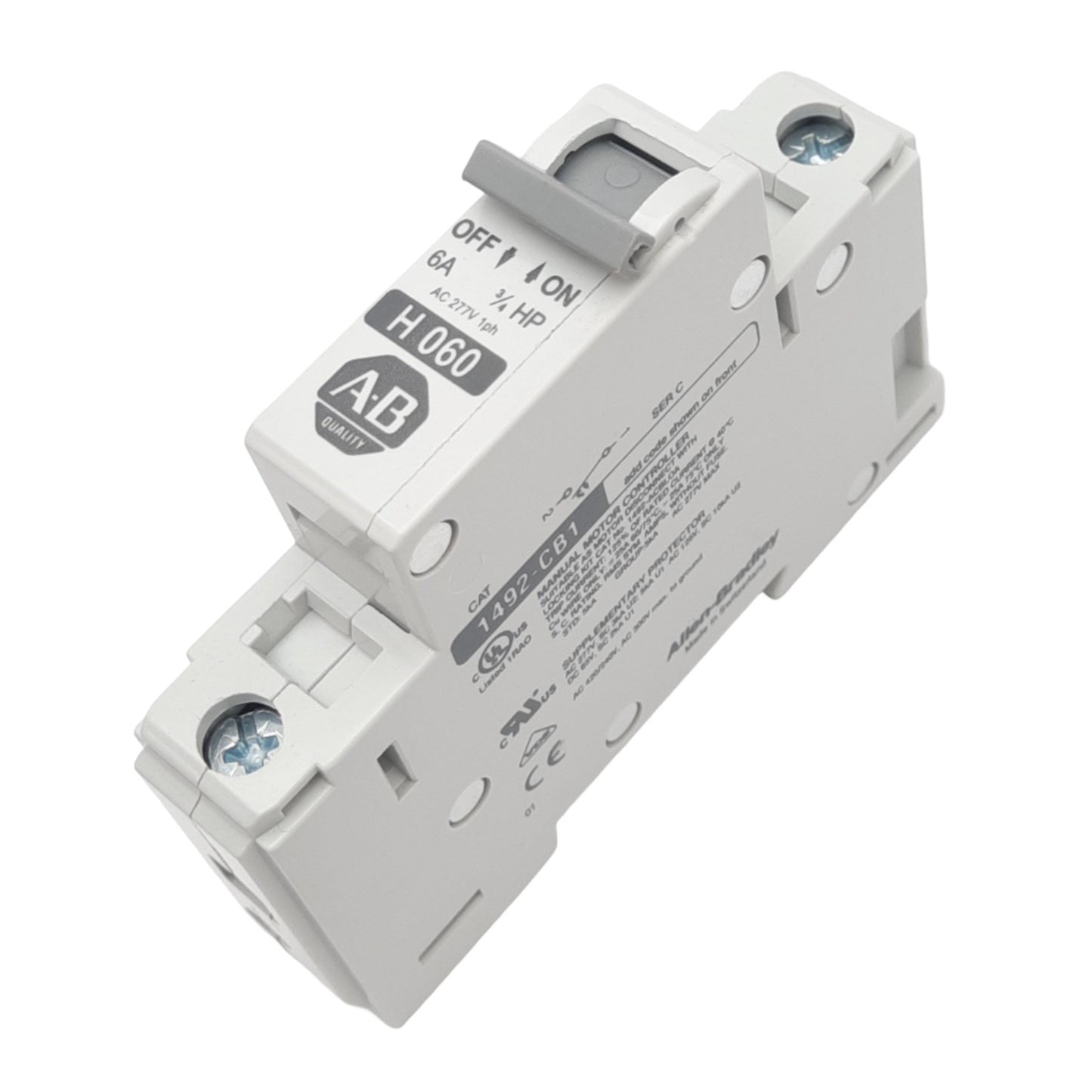 New Allen Bradley 1492-CB1H060 Circuit Breaker, 1-Pole, 6A, 277VAC Max, DIN Rail