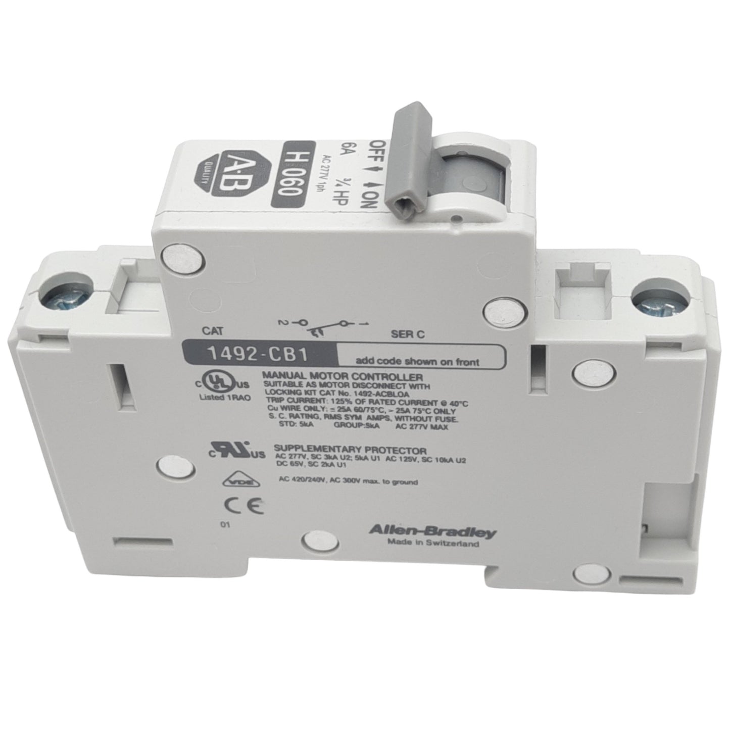 New Allen Bradley 1492-CB1H060 Circuit Breaker, 1-Pole, 6A, 277VAC Max, DIN Rail