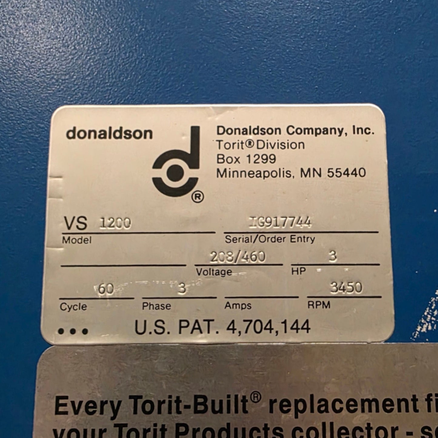 Used Donaldson Torit VS-1200 Vibra Shake Dust Collector 1200CFM, 3HP, 208/460VAC 3P