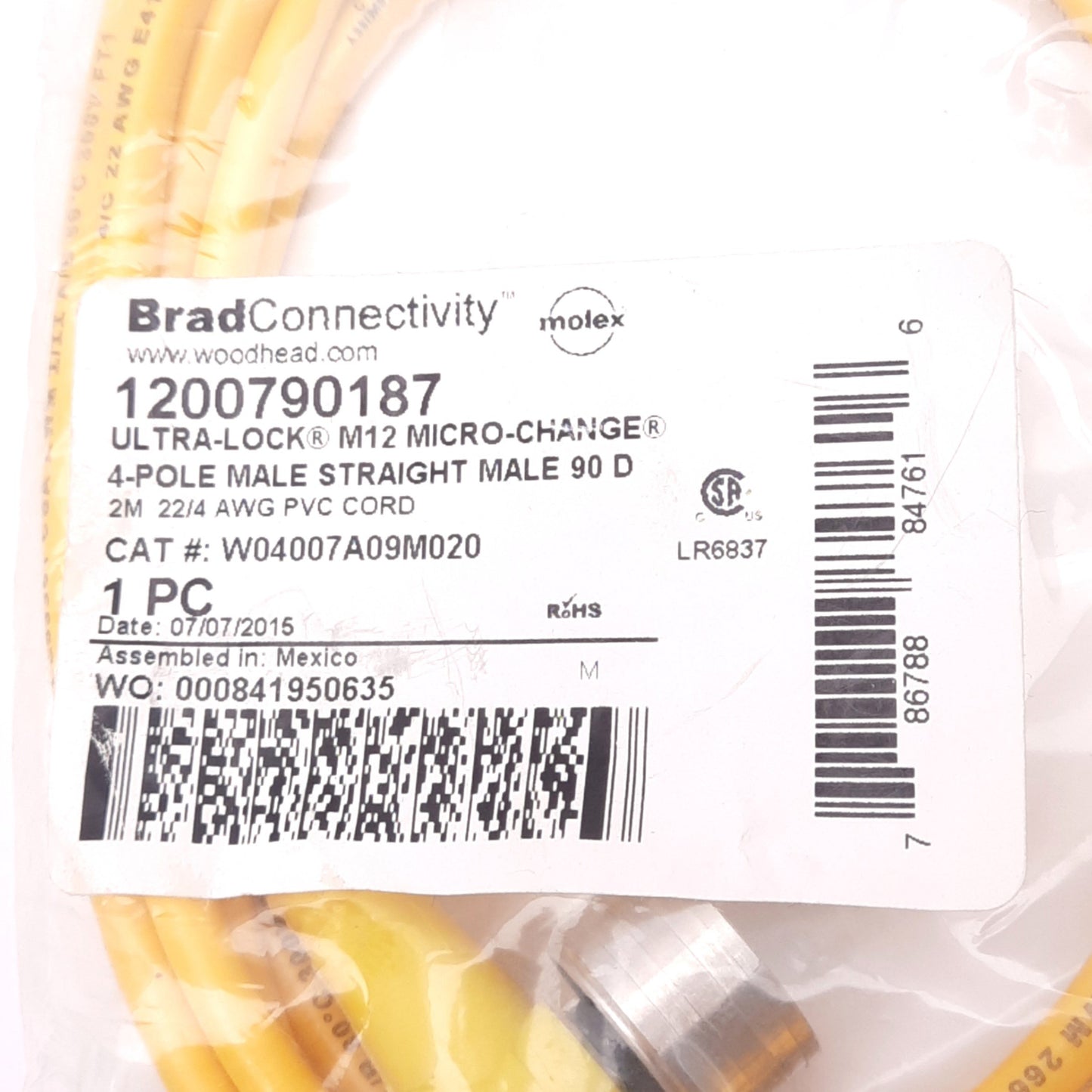 New Molex 1200790187 Sensor Cable, M12 4-Pin 90° Male, 250VAC/DC 4A, 2m Length