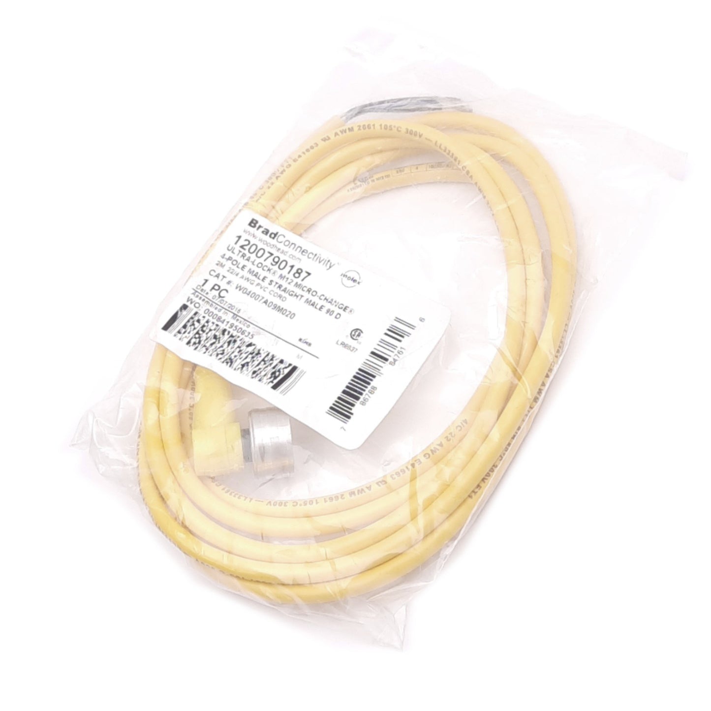 New Molex 1200790187 Sensor Cable, M12 4-Pin 90° Male, 250VAC/DC 4A, 2m Length