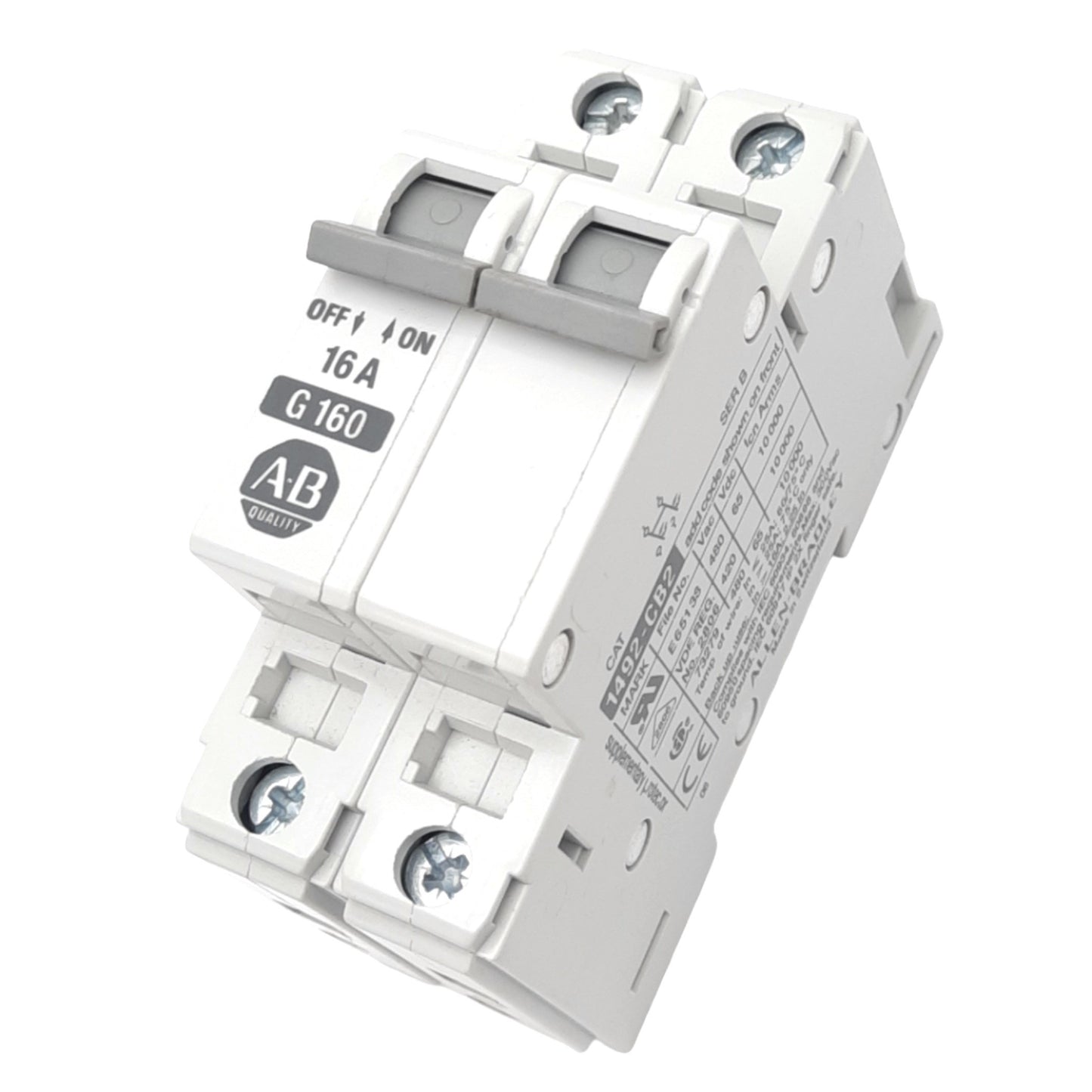 Used Allen Bradley 1492-CB2-G160 Circuit Breaker, 2-Pole, 16A, 480VAC Max, DIN Rail