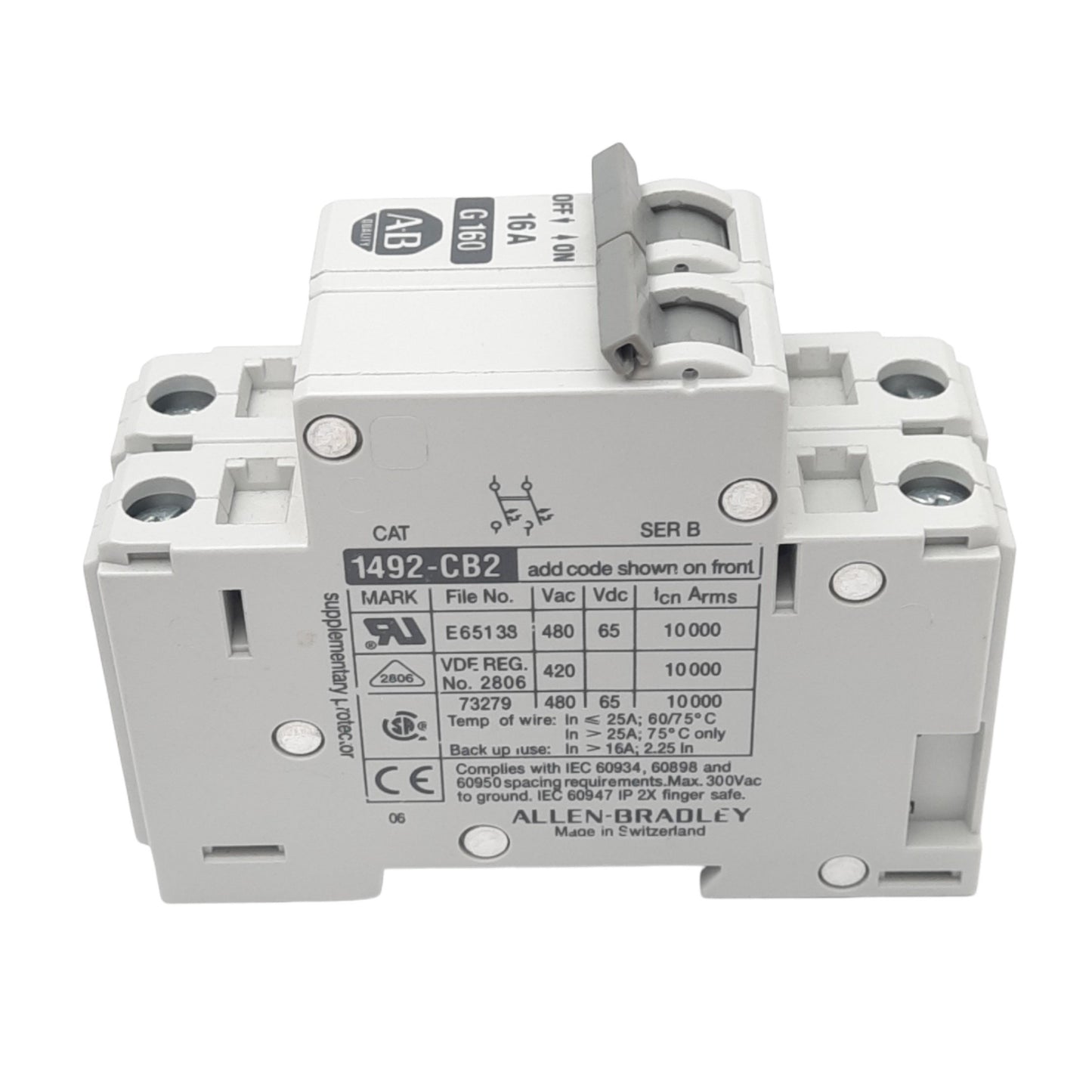 Used Allen Bradley 1492-CB2-G160 Circuit Breaker, 2-Pole, 16A, 480VAC Max, DIN Rail