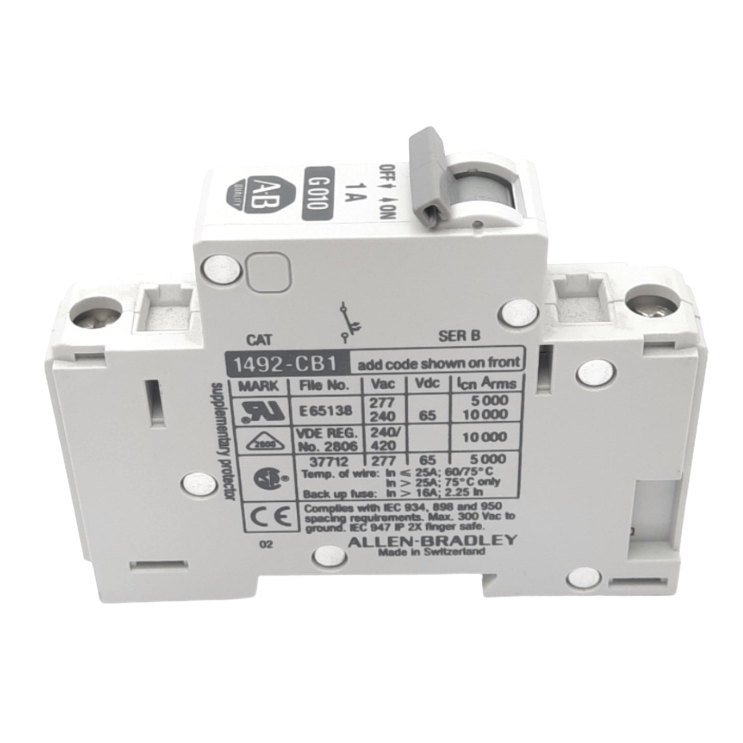 Used Allen Bradley 1492-CB1-G010 Circuit Breaker, 1-Pole, 1A, 277VAC Max, DIN Rail