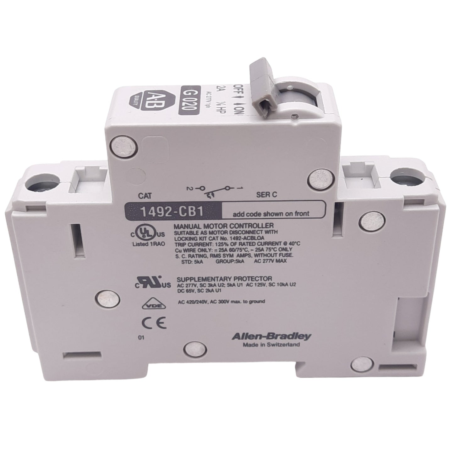 Used Allen Bradley 1492-CB1G020 Circuit Breaker, 1-Pole, 2A, 277VAC Max, DIN Rail