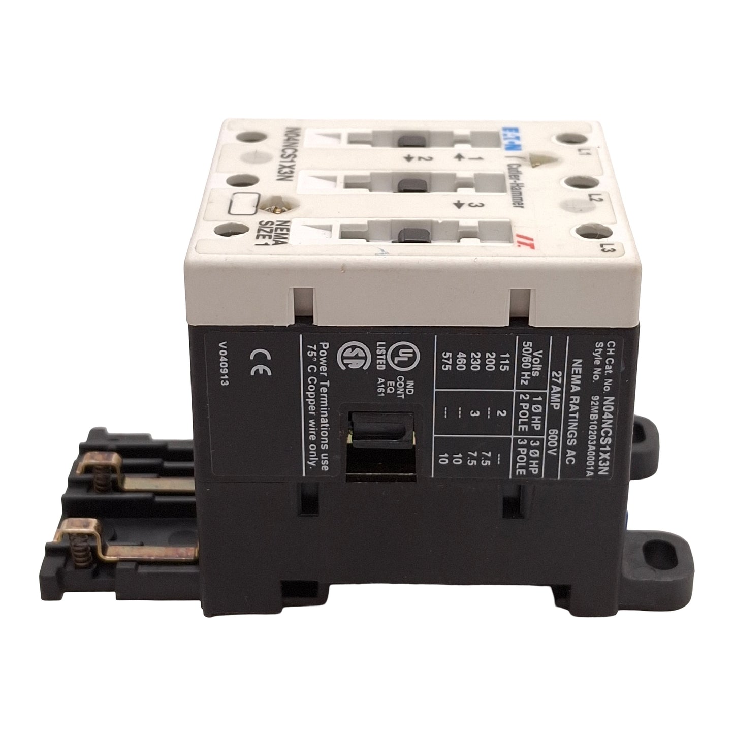 Used Eaton N04NCS1X3N Contactor, 3-Pole, 27A, 10HP @ 3Ø 575VAC, NEMA Size 1 *No Coil*