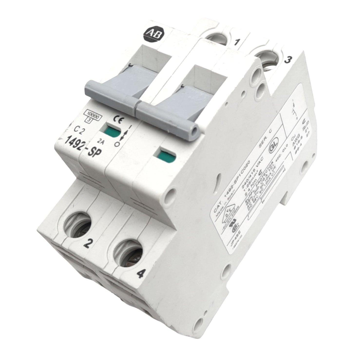 Used Allen Bradley 1492-SP2C020 Circuit Breaker, 2-Pole, 2A, 480Y/277VAC, DIN Rail