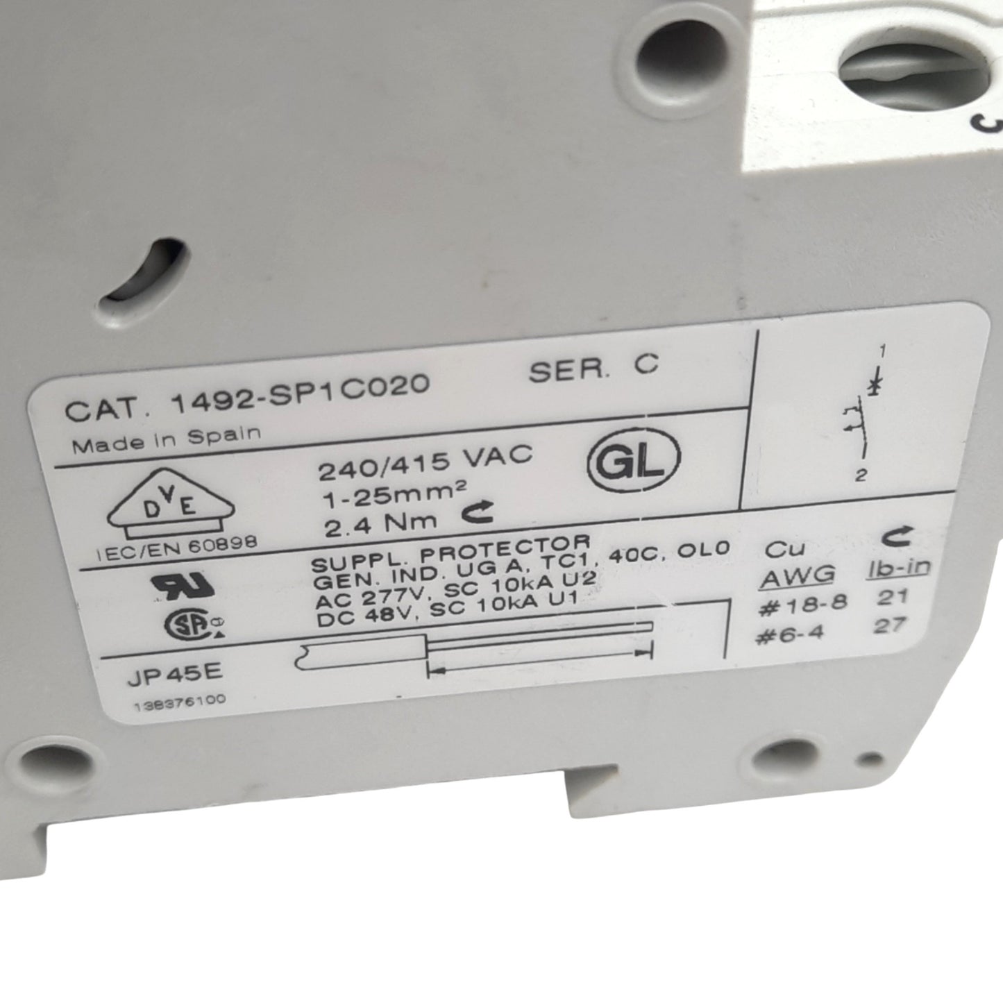 Used Allen Bradley 1492-SP2C020 Circuit Breaker, 2-Pole, 2A, 480Y/277VAC, DIN Rail