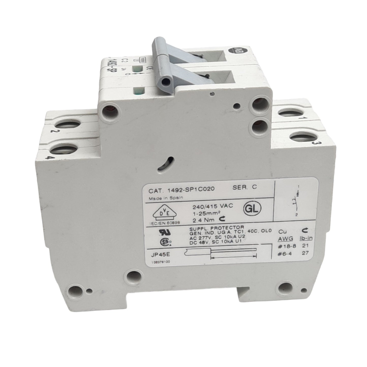 Used Allen Bradley 1492-SP2C020 Circuit Breaker, 2-Pole, 2A, 480Y/277VAC, DIN Rail