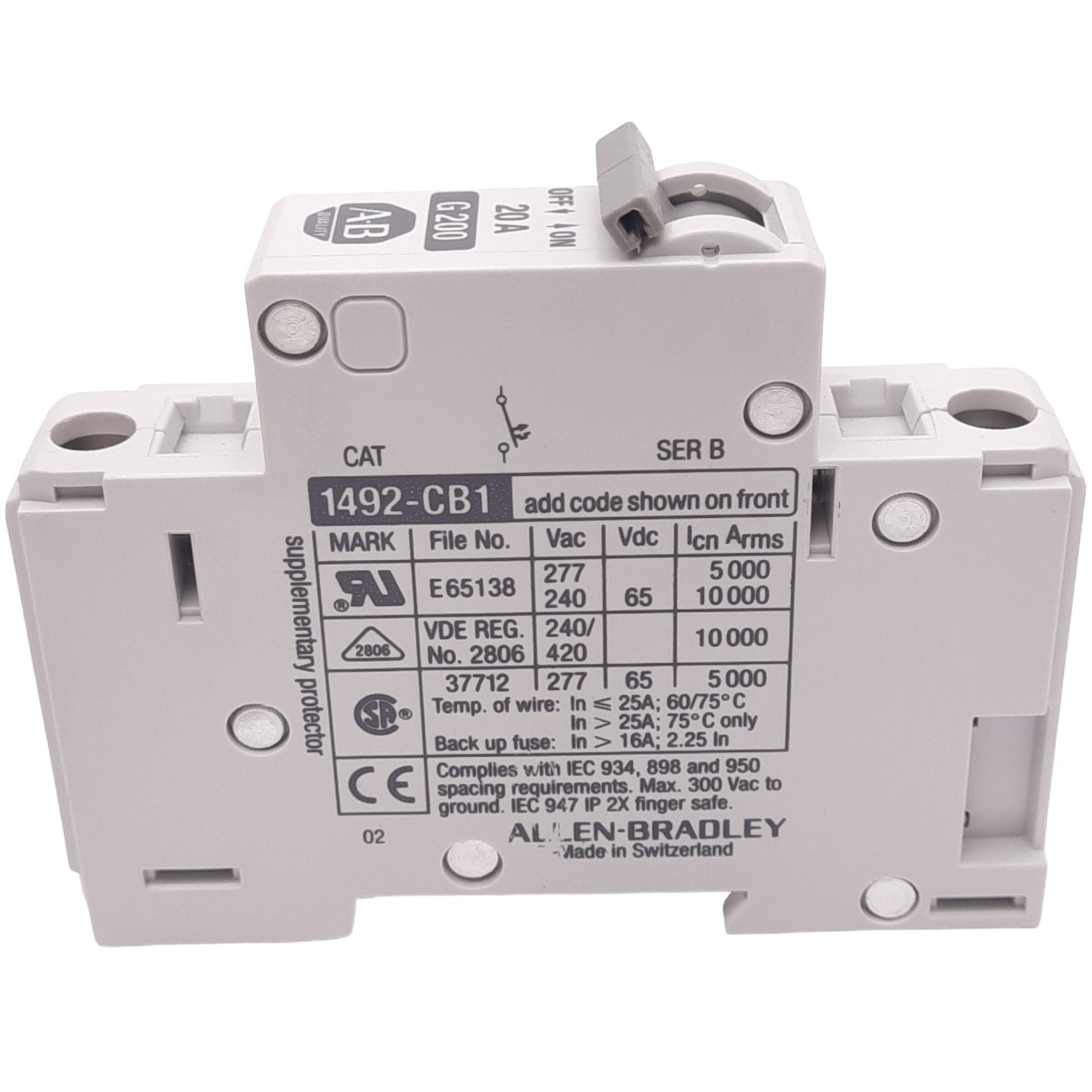 Used Allen Bradley 1492-CB1G200 Circuit Breaker, 1-Pole, 20A, 277VAC Max, DIN Rail