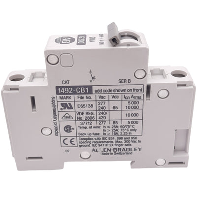 Used Allen Bradley 1492-CB1G200 Circuit Breaker, 1-Pole, 20A, 277VAC Max, DIN Rail