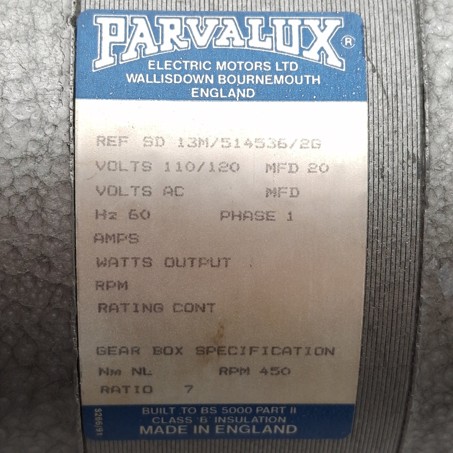Used Parvalux REF SD 13M/514536/2G Gearmotor, 7:1, 450RPM, ø12mm Shaft, 110/120VAC
