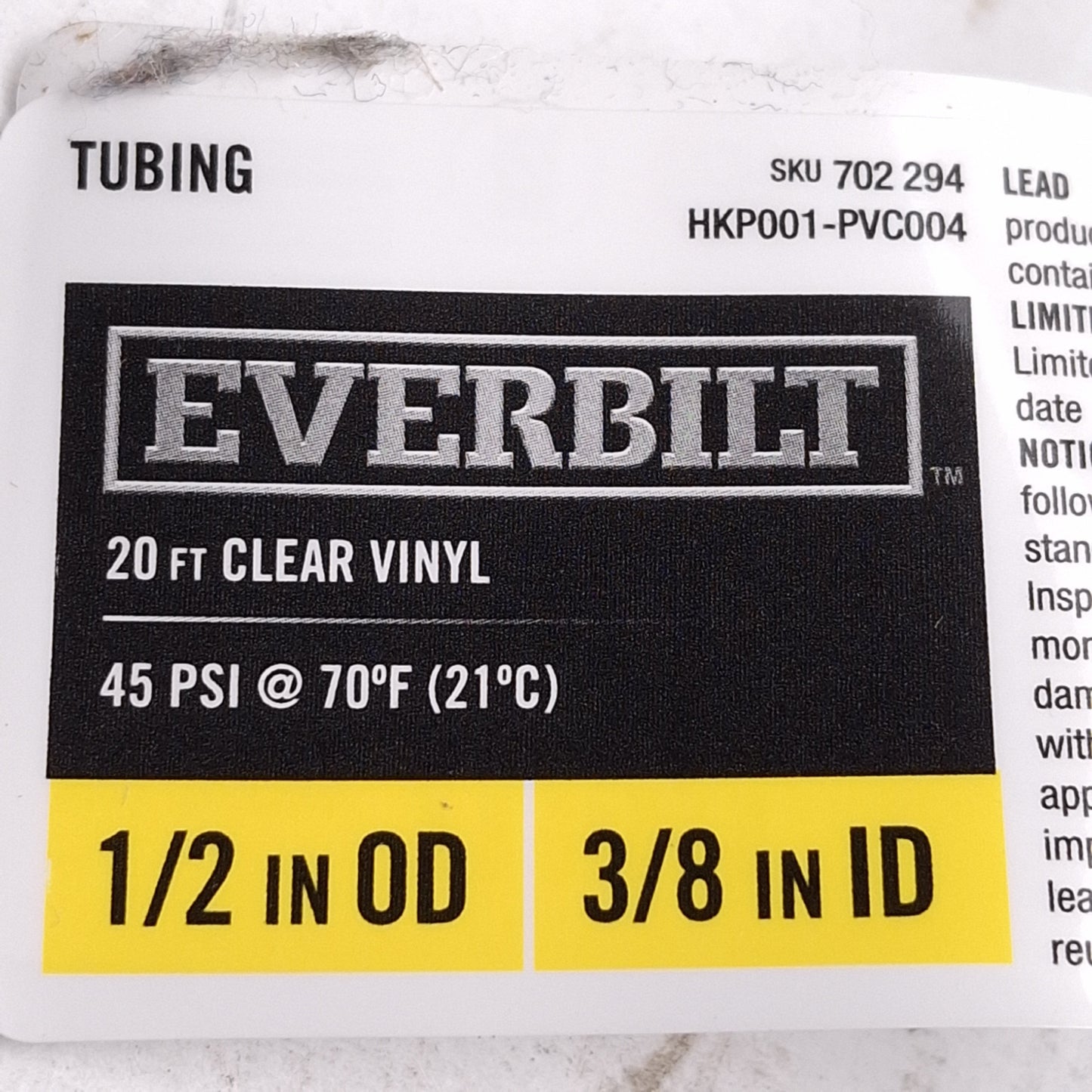 New Lot of 5 Everbilt HKP001-PVC004 Clear PVC Vinyl Tubing, ø1/2" OD x ø3/8" ID, 20'