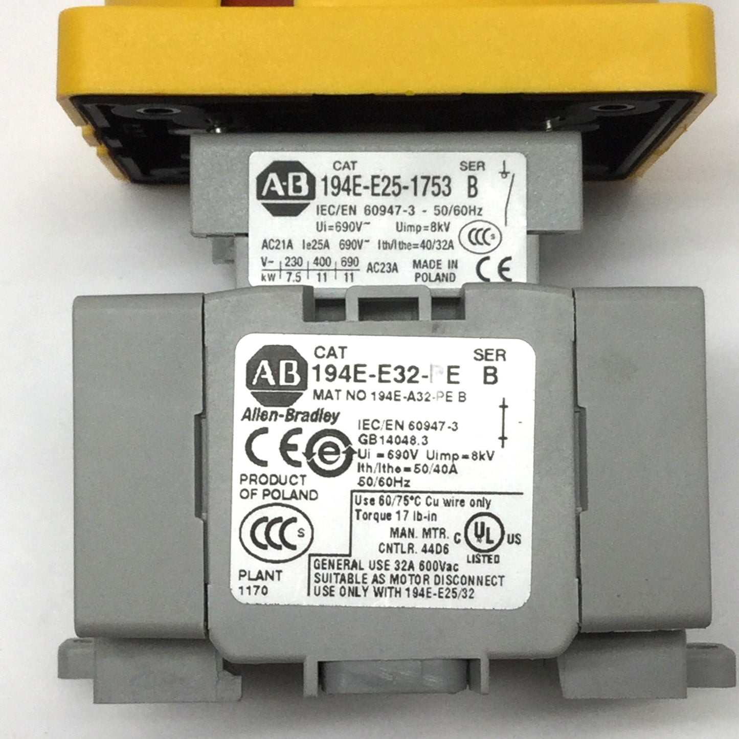 Used Allen Bradley 194E-E25-1753 Disconnect ON-OFF Switch 25A w/Handle & Earth Ground