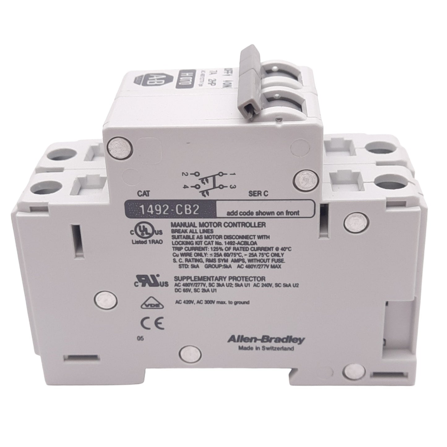 Used Allen Bradley 1492-CB2H070 Circuit Breaker, 2-Pole, 7A, 480Y/277VAC, DIN Rail