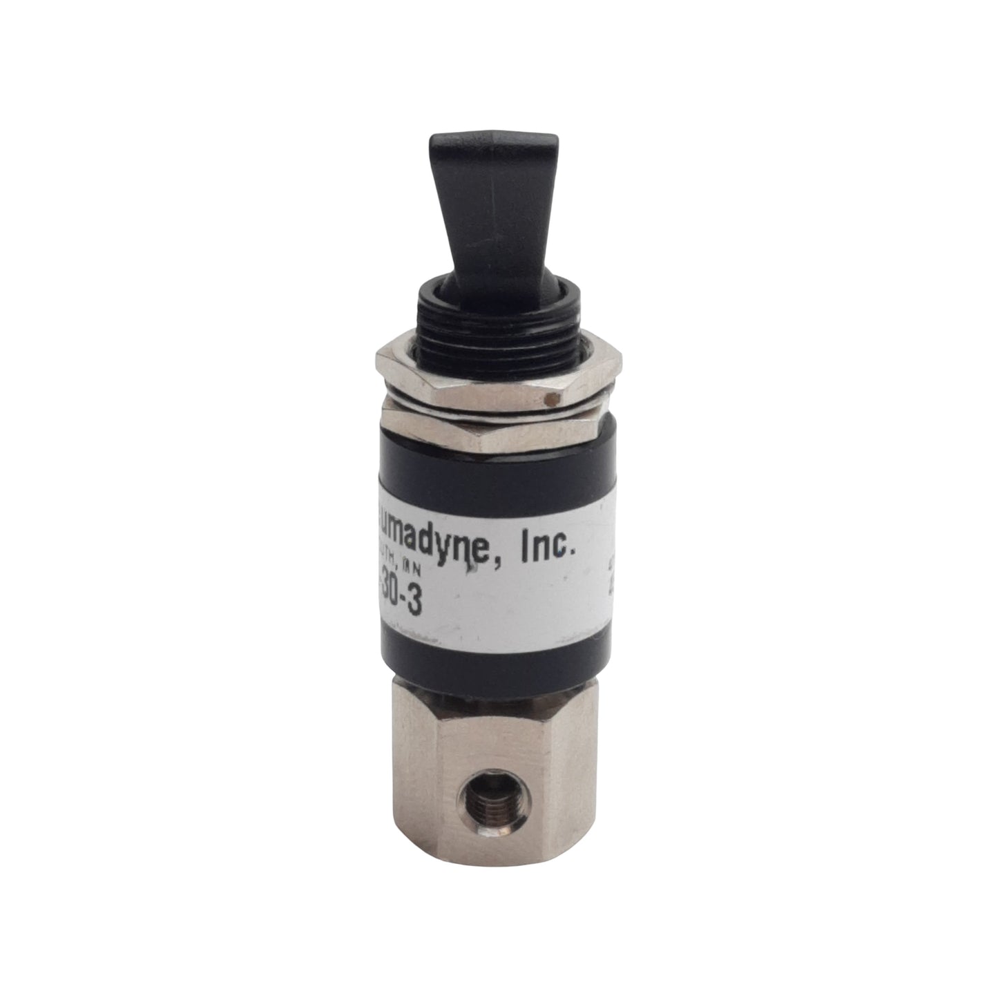 Used Pneumadyne H0-30-3 Detented Toggle Control Valve, 3-Way NC, #10-32, 0-125psi