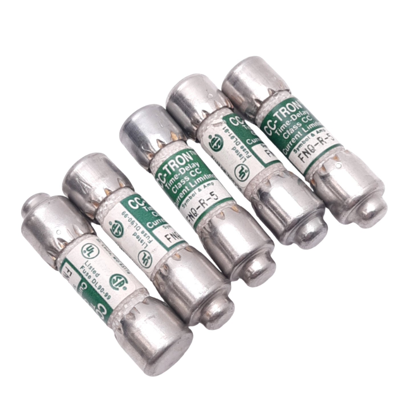 Used Lot of 5 Eaton Bussmann FNQ-R-5 CC-TRON Time Delay Fuses, 5A, 600VAC, Class CC