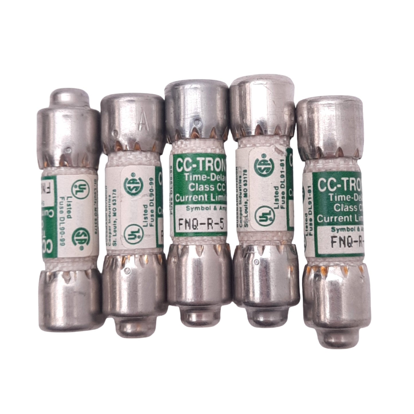 Used Lot of 5 Eaton Bussmann FNQ-R-5 CC-TRON Time Delay Fuses, 5A, 600VAC, Class CC